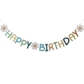 Daisy Happy Birthday banner with forest theme leaves and colorful letters for kids - Blue
