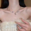 Detail of silver irregular choker with sparkling rhinestones on model neck - 27# Choker-Silver (Asymmetric Flower Diamond)