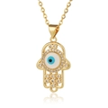Gold Hamsa Hand necklace with blue evil eye pendant and sparkling cubic zirconia stones - D699-Hollow Hamsa Hand