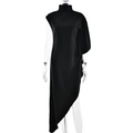 Elegante vestido midi de satén negro con cuello alto, dobladillo asimétrico y un hombro - S / Negro
