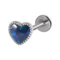 Hartvormige blauwe opaal oorbel met zilveren kralenzetting en platte achterkant piercing - 1.2x8mm / OP19 (Lichtblauw Iriserend)