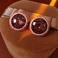 Macro detail of vintage round stud earrings with deep red gemstones and pink woven texture - 8# Silver Earring Post - Gold - Pink