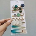 Detailed set of 8 candy-colored hair clips with pearls and resin charms on white card - Green Wilderness (8 Piece Set)
