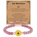 Bracelet en pierre naturelle rose 6mm avec breloque tournesol sur carte Get Well Soon - Bracelet texture grain de bois rouge