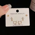 Three-pair Korean style stud earrings set with flowers and fishbone in gold plating - Gold-Cat Eating Fish Set (48#)