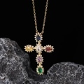 Golden cross necklace with colorful oval gemstones and white zircon cluster frame - Gold Six-color Gemstone Cross (Style 11)
