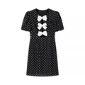 Vintage zwarte mini-jurk met witte stippen, strikjes en korte pofmouwen voor dames - S / Zwart