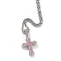 Macro shot of hip hop cross pendant with pink square-cut zircon and silver twist rope chain - 3mmx24inch / Silver Pink Pendant + Stainless Steel Rope Chain