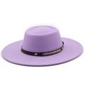 Detail of lavender wool felt wide brim hat featuring black leather band and gold studs - M (56-58cm) / Taro Purple