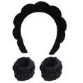 Black plush spa headband and wristband set for face washing and skincare routines - Three-Piece Set / Black