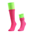 Pink and lime green slouch socks in contrast colors made of warm knitted cotton blend - Rose Red & Neon Green