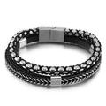 Men's multilayer black braided leather bracelet with silver steel chains and magnetic clasp - Steel (KB146273-KLHQ)
