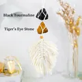 Boho hanging ornament with natural black tourmaline and tiger eye stones and cotton tassel - Black Tourmaline + Tiger Eye Macrame