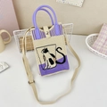 Detail of knitted shoulder bag with cute black cat pattern and purple handle - 16-Cream and Purple Black Cat
