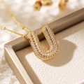 Gold plated puffy letter U pendant necklace with sparkling cubic zirconia pavé setting - Letter U (18k Gold + Bead Chain)