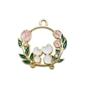 Ciondolo a corona di gatto dorato con gatti bianchi, tulipani rosa e strass - Ciondolo Gatto Bianco Vintage Rotondo con Strass