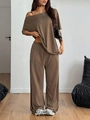 Women's dark brown short sleeve top and high waist wide leg joggers lounge set - S / Brown