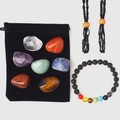 Chakra stone set with woven cage necklaces, lava bead bracelet and velvet pouch - Multicolor Raw Stone Set