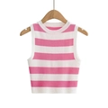 Close-up of pink and white striped knitted vest showing round neck and texture - Pink Striped
