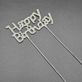 Detailed view of silver metal Happy Birthday cake topper with rhinestones - Silver