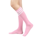 Pink knee-high socks with three white stripes made of stretchy cotton blend for women - One Size / Pink/White Stripes