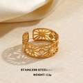 Golden stainless steel open ring with sunburst cutout pattern and white inlay - Sun Radial Pattern Geometric Style (ZN1272)