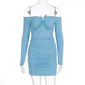 Detail of light blue bodycon dress with ruching, off-shoulder neckline and cutout detail - S / Blue