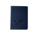 Navy blue PU leather passport holder featuring an embossed world map and plane design - Passport Cover / Dark Blue