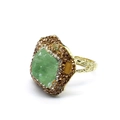 Macro detail of natural green gemstone ring with amber accents and textured gold band - Irregular Raw Stone Open Ring / Green Fluorite