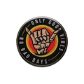 Cartoon tinplate badge with Shaka skull hand gesture and 'Only Good Vibes' text - ONLY GOOD VIBES Bone Hand