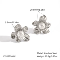 Silver stainless steel flower stud earrings with pearl center and 29.9mm size specs - Silver Flower Pearl Stud Earrings (YYE025168-P)