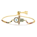 Gold Hamsa Hand bracelet with colorful zircon evil eye and adjustable slider chain - Hamsa Hand Rainbow Gemstone Style (CB0290CX)