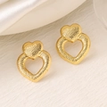 Golden overlapping heart stud earrings with vintage hammered texture in 304 stainless steel - EH034-Hollow Hammered Double Heart