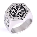 Viking Vegvisir compass ring in silver stainless steel with Nordic rune engravings - US 7 / Silver Viking Compass Style (10104)