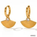 Golden fan-shaped zircon earrings with stainless steel hoop and clear gemstone drop - Gold White Zirconia Fan Style (KDE822)