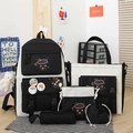 5-piece nylon school backpack set in black and white with cute bear patterns and pins - 558 Black
