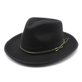 Close-up of black wool fedora with a dark green ribbon and golden metal buckle detail - M(56-58cm) / Black