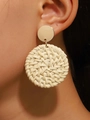 Boho style beige woven raffia circle drop earrings with gold metal stud for summer - Golden Beige Double Round Woven Style (9831)