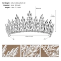 Detailed size specifications and close-up views of the luxury rhinestone bridal crown - Silver