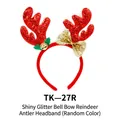 Christmas reindeer antler headband with red glitter, gold bow, and festive bell detail - TK-27R (Red Glitter Bell Bow Antler Headband)