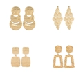 Set of four textured golden geometric dangle earrings in hammered and leaf styles - Four-Piece Set