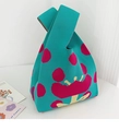 Knitted tote bag in blue with pink polka dots and floral pattern for wedding gifts - 20*35cm / Polka Dot Flower Green