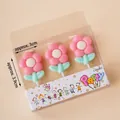 Three pink flower party candles with green stems in a transparent gift box packaging - Pink Flower / 3 Pcs/Set / Pink Flower