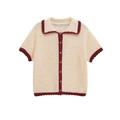 Knit polo top and shorts set in beige with red contrast trim and scalloped edges - S / Tops
