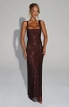 Detail of dark red sequin party dress showing square neckline and slim fit silhouette - S / Coffee