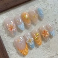 Handmade almond press-on nails featuring 3D shells, starfish, and pearls for beach style - K064【30pcs】 / Boxed (jelly Gel + Granules)