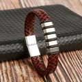 Men's woven dark brown leather bracelet with silver magnetic clasp and metal beads - Coffee