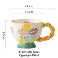 Hand-painted ceramic 400ml tulip mug with yellow twisted handle and green base - Four-color Tulips