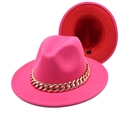 Detail of fuchsia fedora with chunky gold chain and red hat interior sweatband view - Rose Red and Red