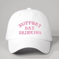 Detail view of white cotton baseball cap with Support Day Drinking pink embroidery - One Size / White